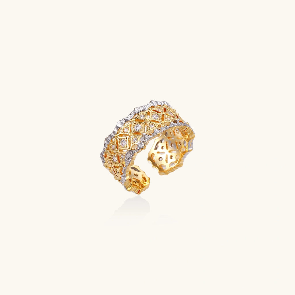 Two-tone lattice ring in gold and silver with crystals