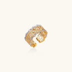 Two-tone lattice ring in gold and silver with crystals