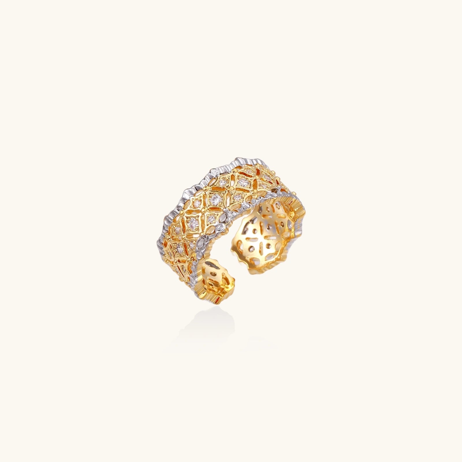 Two-tone lattice ring in gold and silver with crystals