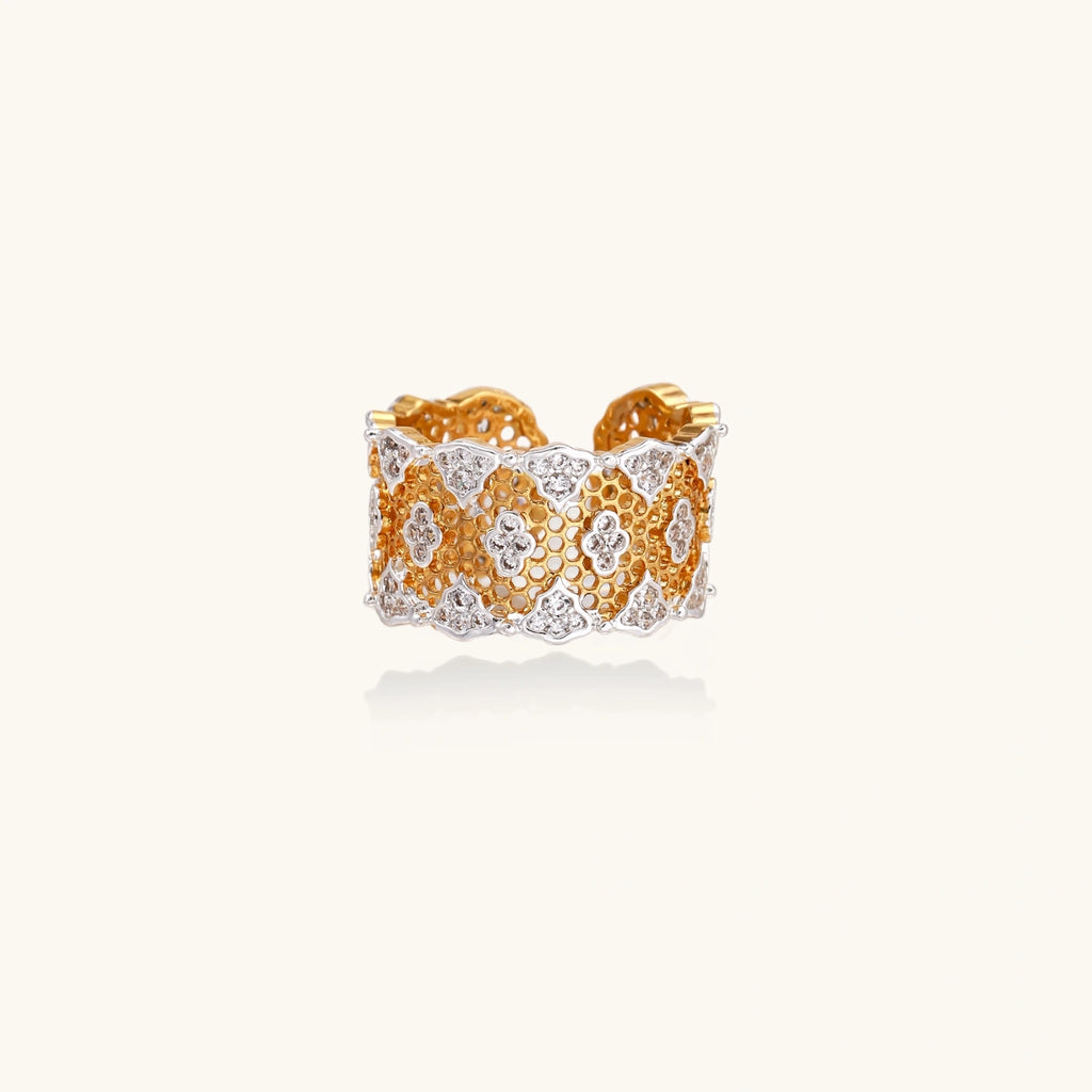 Gold-tone lattice ring with cubic zirconia close-up