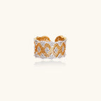 Gold-tone lattice ring with cubic zirconia close-up