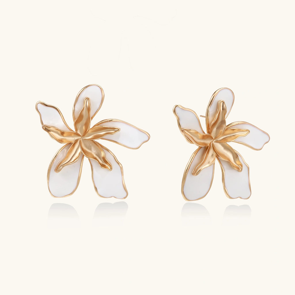 White enamel statement flower earrings in gold-tone