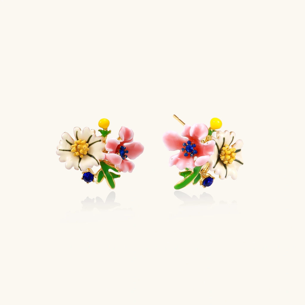 Enamel floral stud earrings in gold-tone