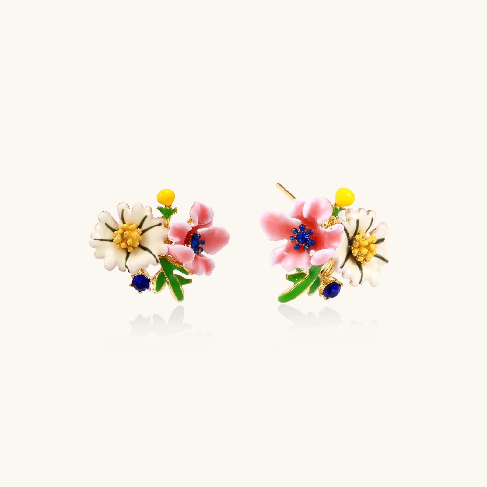 Enamel floral stud earrings in gold-tone