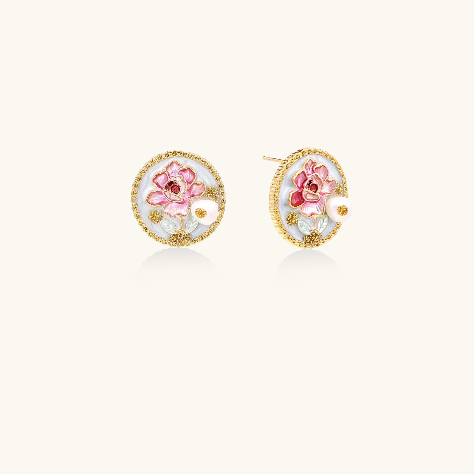 Enamel peony pearl stud earrings in gold-tone