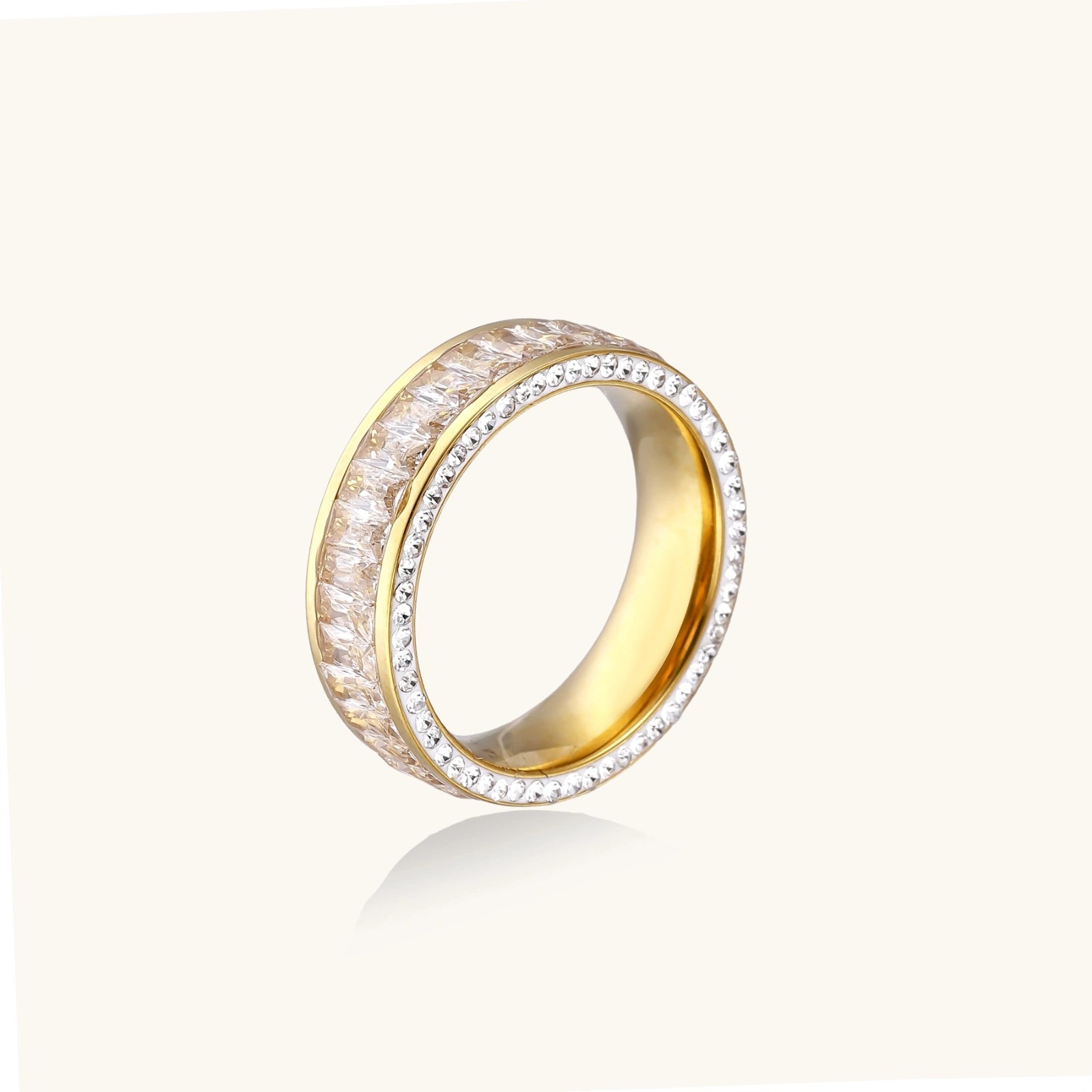 Gold-tone eternity ring with double row of cubic zirconia