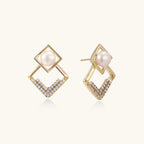 Pearl geometry earrings in gold-tone on white background