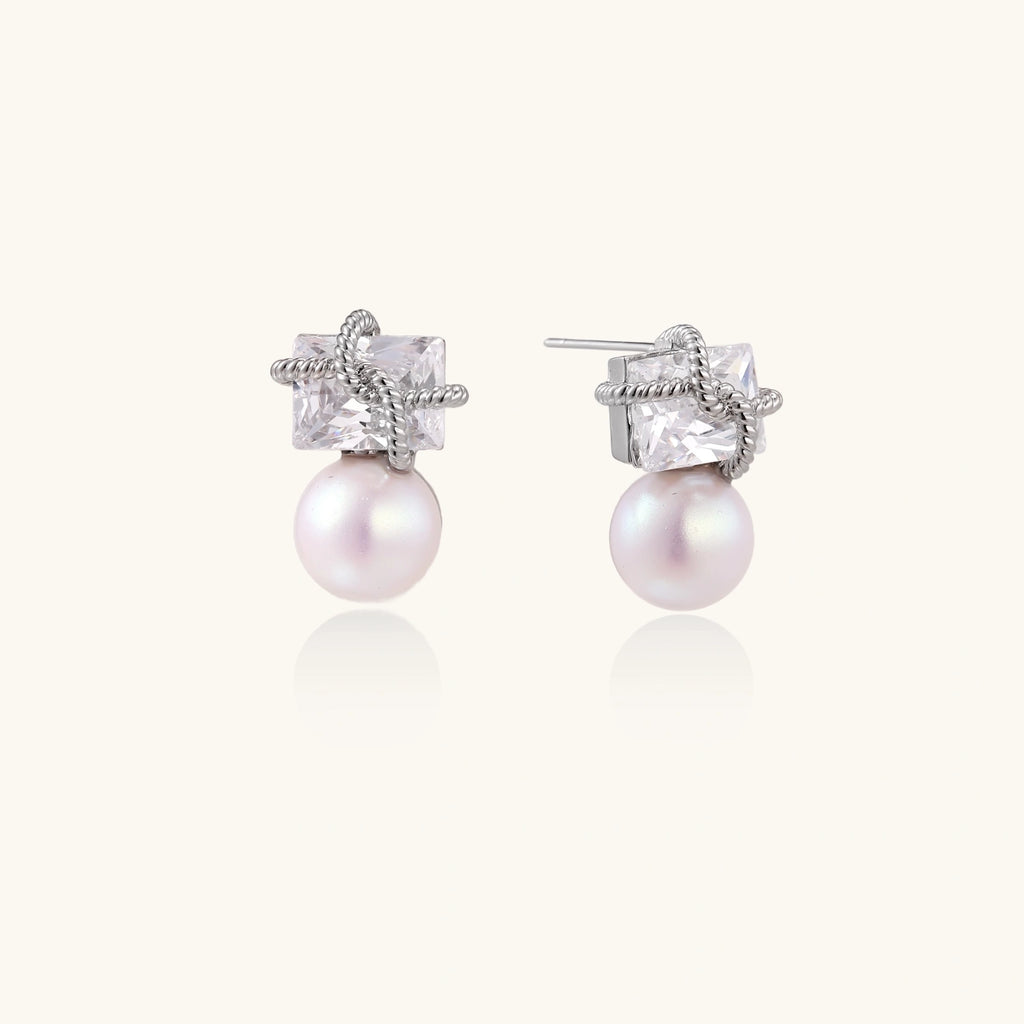 Crystal frame pearl drop earrings detail