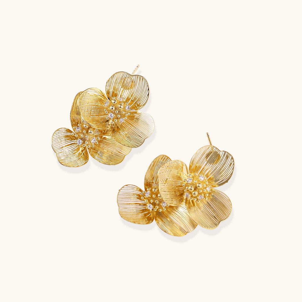 Gold-tone double-bloom earrings with crystal centers close-up