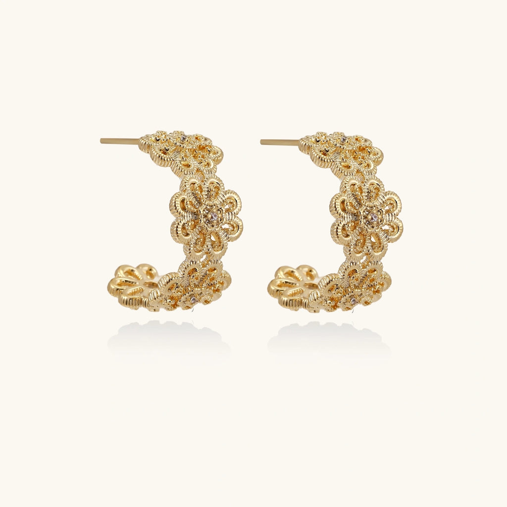 Gold-tone floral filigree hoop earrings close-up