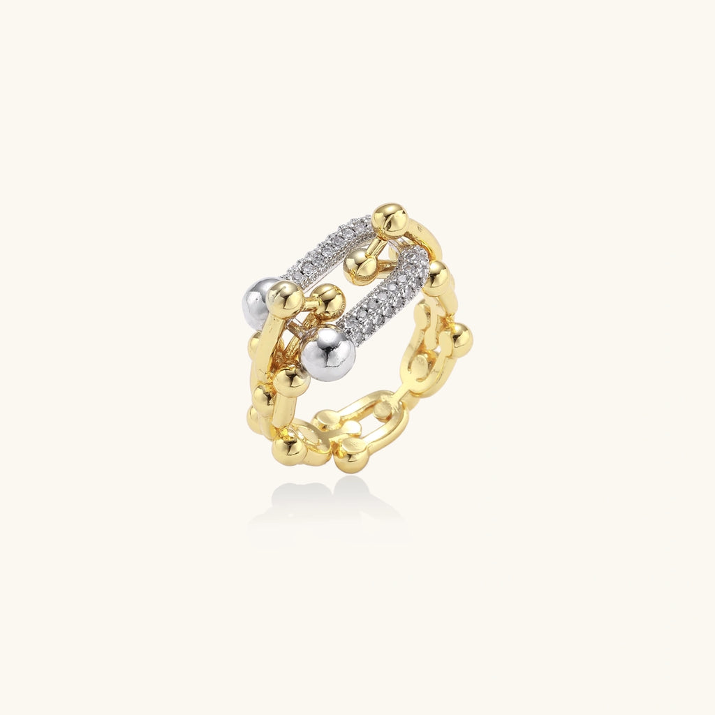 Gold-tone triple-band ring with beads and cubic zirconia