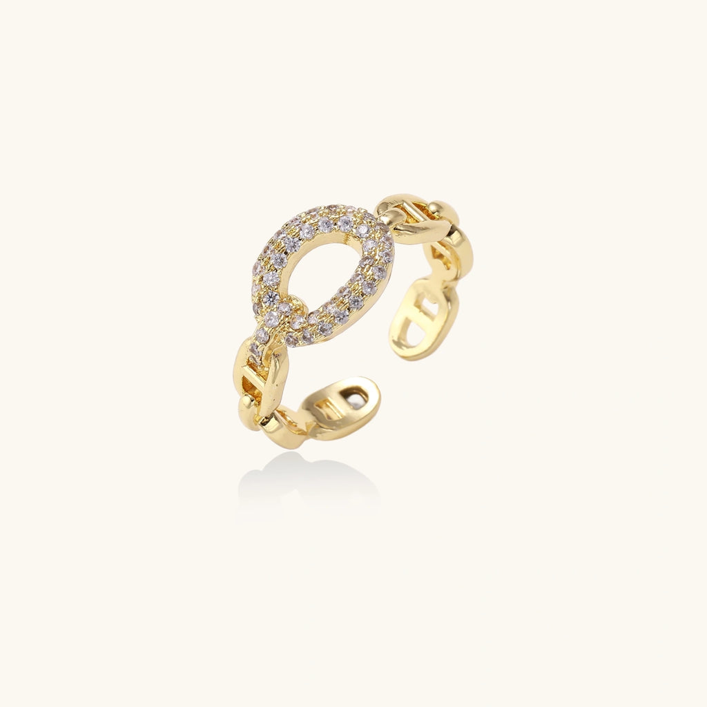 Gold-tone chain link ring with pave cubic zirconia