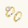 Gold-tone chain and crystal halo ring set on cream background