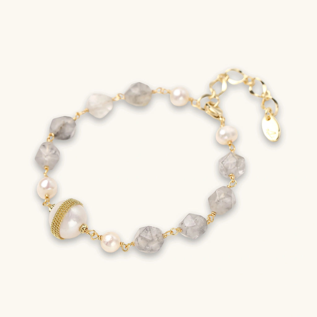 Baroque pearl and quartz bracelet in gold-tone