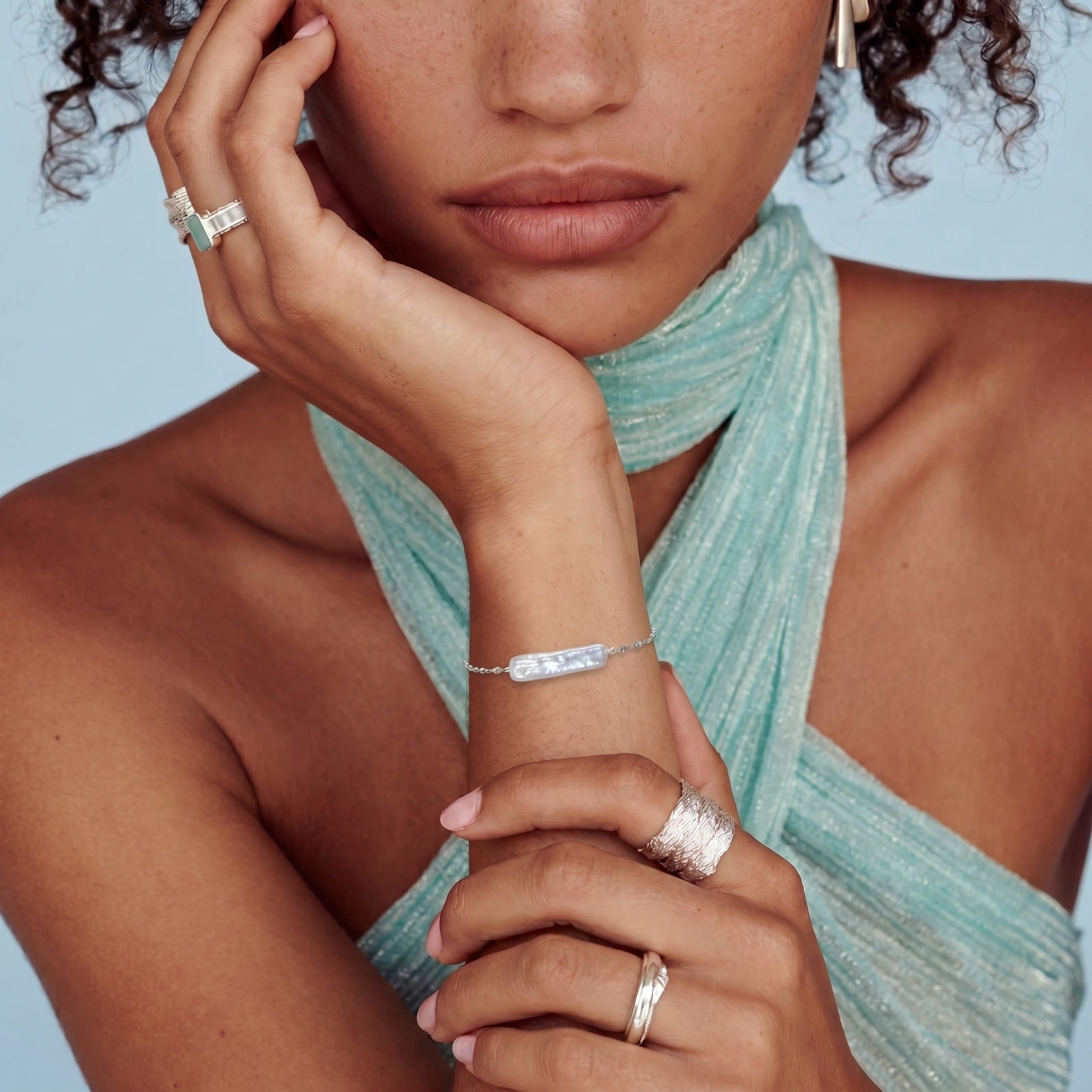 Silver-tone baroque pearl bracelet close-up