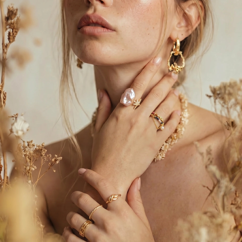 Pearl star ring on white background
