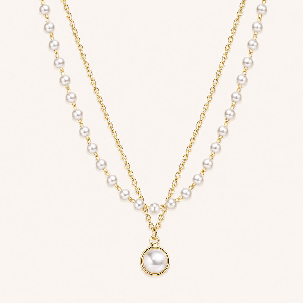 Layered pearl clavicle necklace close-up