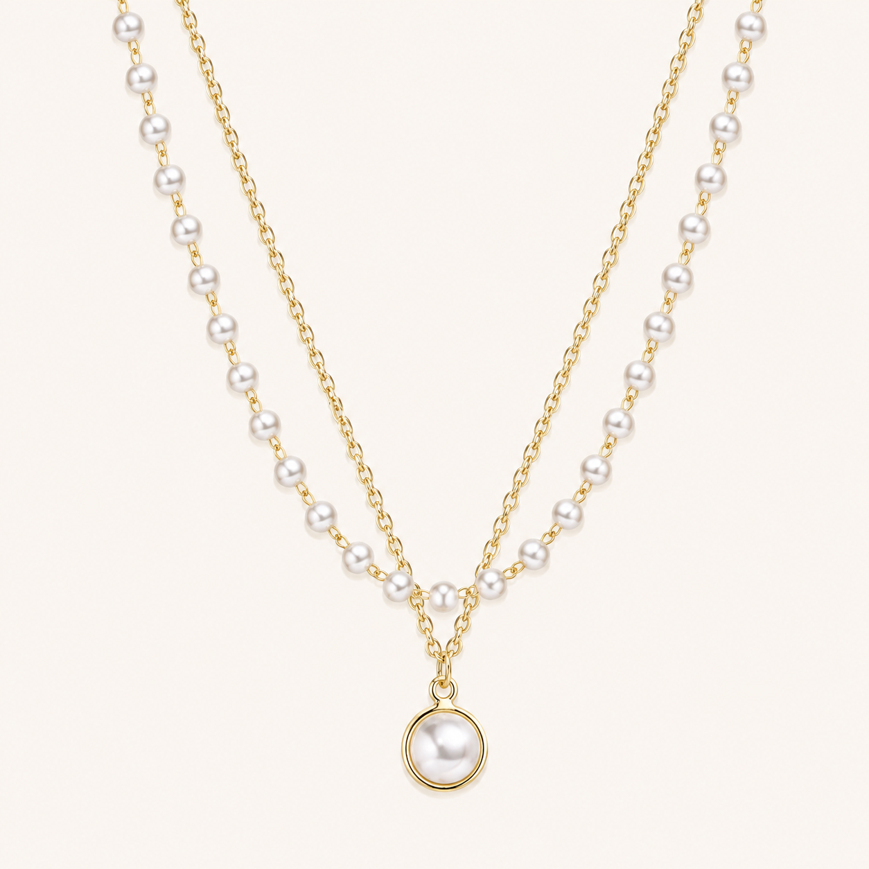 Layered pearl clavicle necklace close-up